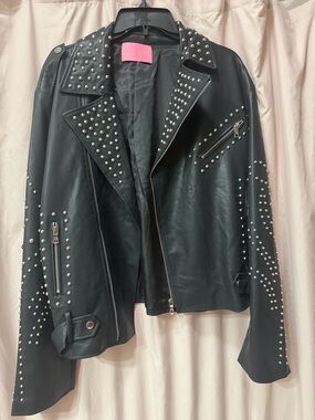 Studded Black faux Leather Biker Jacket - Women's